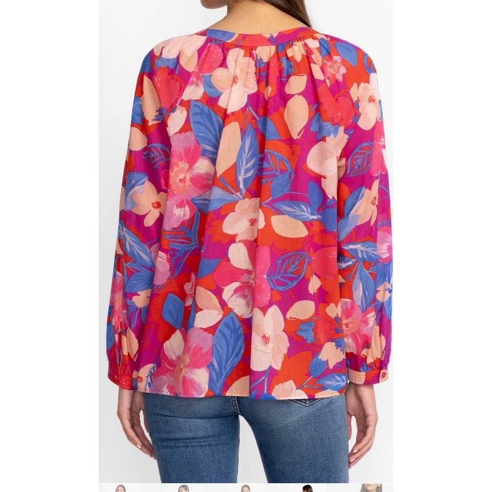 Johnny Was Workshop Floral Cotton Button Down Blouse Red Pink Blue sz Sm